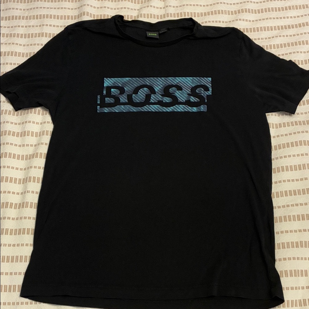 Boss Men's Black Tee with Blue Logo